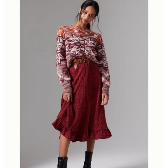 Anthropologie Dresses & Skirts - ANTHROPOLOGIE Pauline Red Ruffle Skirt NWT 3X Rib Knit Midi Elastic Wais…